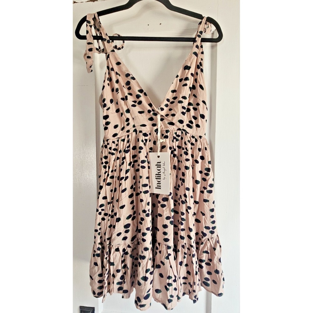 NWT INDIKAH pink summer dress blue spot ruffle hem tie straps cutout back Sz S